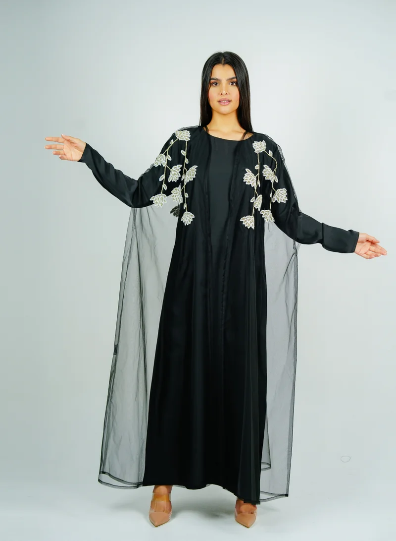 Rosette Abaya  luxurious tulip-embroidered bisht-style tulle abaya set with matching inner dress, perfect for Ramadan and special occasions for Women | Best Price UAE